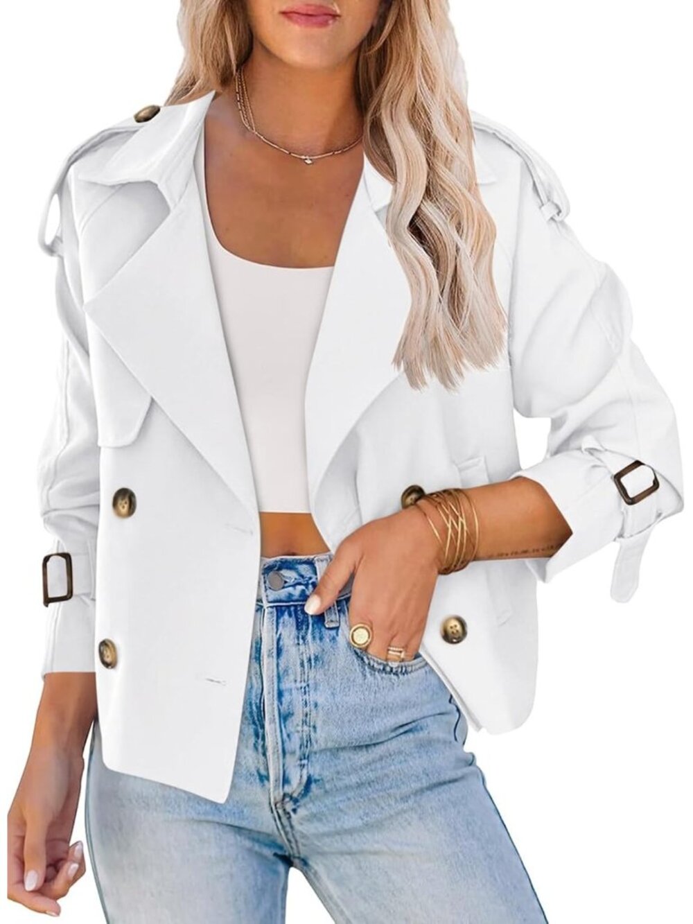 Women's White Cropped Raglan Sleeve Lapel Collar Double Breasted Trench Coat